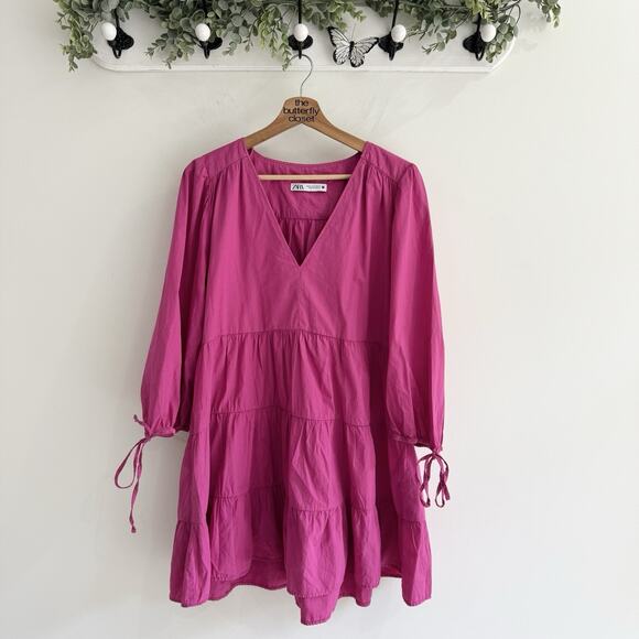 Zara Pink Tiered Mini Dress With Tie Sleeves Medium BB4944 - Picture 1 of 4